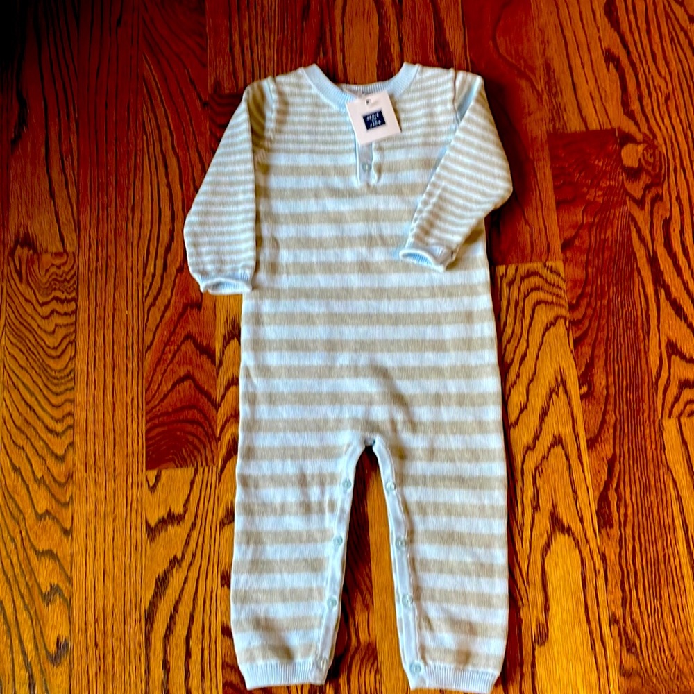 Janie & Jack Striped Coverall Romper NEW blue gray stripe henley - Picture 1 of 4